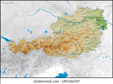 High detailed Austria physical map with cities, rivers, lakes and topography - Vector illustration