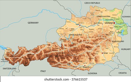 High detailed Austria physical map with labeling.