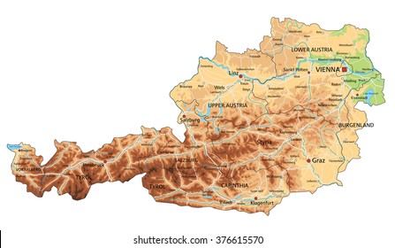 High detailed Austria physical map with labeling.