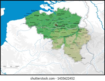 High detailed Belgium physical map with cities, rivers, lakes and topography - Vector illustration