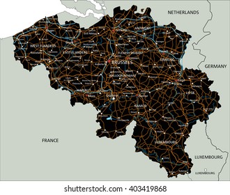 High detailed Belgium road map with labeling.