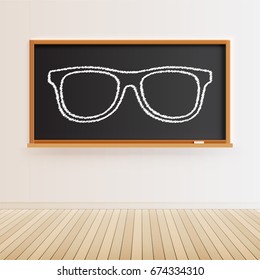 High detailed black chalkboard with wooden floor and a drawn eyeglasses, vector illustration