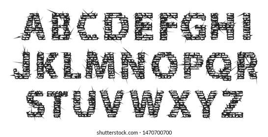 High detailed black empty decorative aggressive brick styled vintage font. Grunge letters isolated on white background. Vector illustration