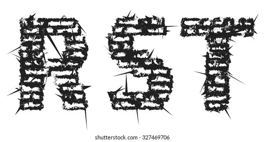 High detailed black empty decorative aggressive brick styled vintage font. Letters R, S, T. Vector illustration
