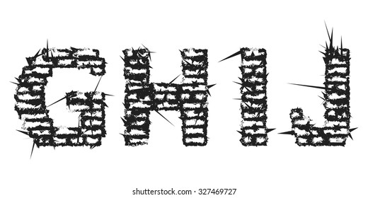 High detailed black empty decorative aggressive brick styled vintage font. Letters G, H, I, J. Vector illustration