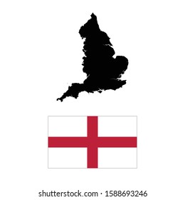 High detailed black silhouette of England Map and English flag on white background