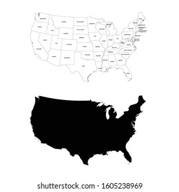 High detailed black silhouette of United States of America Map with states on white background