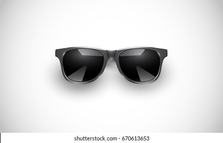 High detailed black sunglasses with reflections, on white background, vector illustration