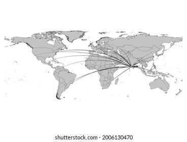 Mapa detallado en blanco y negro que muestra la posición de Kochi-India en el mundo. El archivo es adecuado para la edición digital y las impresiones de todos los tamaños.