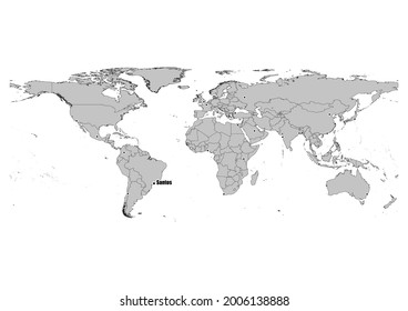 High detailed black and white map showing Santos-Brazil 's position in the world. File is suitable for digital editing and prints of all sizes.
