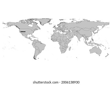 High detailed black and white map showing Oakland-United States of America 's position in the world. File is suitable for digital editing and prints of all sizes.