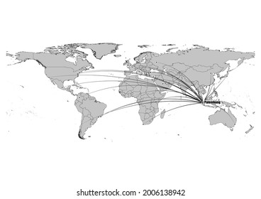 High detailed black and white map showing Palembang-Indonesia 's position in the world. File is suitable for digital editing and prints of all sizes.