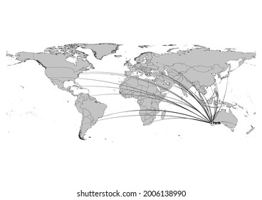Mapa detallado en blanco y negro que muestra la posición de Perth-Australia en el mundo. El archivo es adecuado para la edición digital y las impresiones de todos los tamaños.