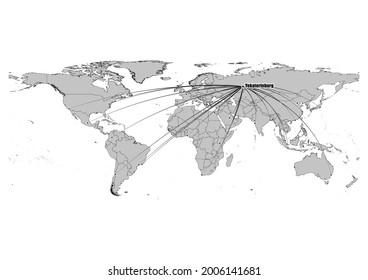 Mapa detallado en blanco y negro que muestra la posición de Ekaterinburgo-Rusia en el mundo. El archivo es adecuado para la edición digital y las impresiones de todos los tamaños.