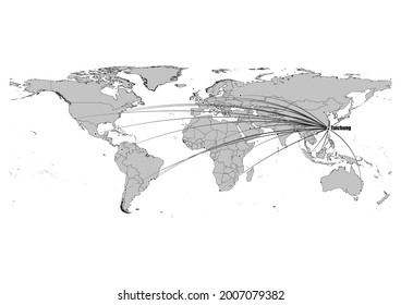 High detailed black and white map showing Taichung-Taiwan 's position in the world. File is suitable for digital editing and prints of all sizes.