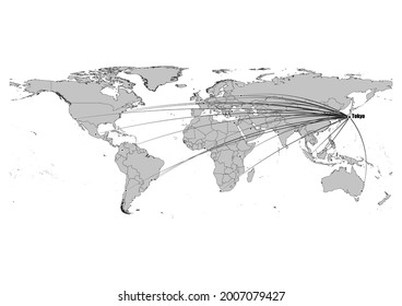 High detailed black and white map showing Tokyo-Japan 's position in the world. File is suitable for digital editing and prints of all sizes.