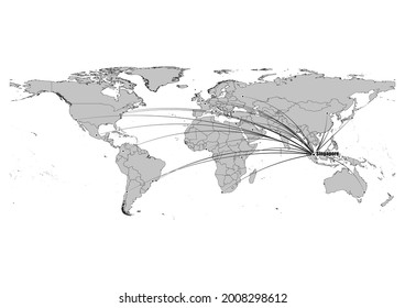 Mapa detallado en blanco y negro que muestra la posición de Singapur en el mundo. El archivo es adecuado para la edición digital y las impresiones de todos los tamaños.