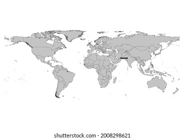 High detailed black and white map showing Sharjah-United Arab Emirates 's position in the world. File is suitable for digital editing and prints of all sizes.