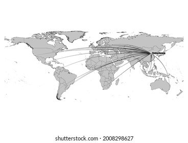 High detailed black and white map showing Shijiazhuang-China 's position in the world. File is suitable for digital editing and prints of all sizes.