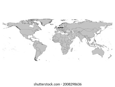 High detailed black and white map showing Sheffield-United Kingdom 's position in the world. File is suitable for digital editing and prints of all sizes.