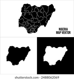 Mapa en blanco de Nigeria. Mapa político del país Nigeria en blanco y negro, en blanco. Fondo blanco. Ilustración vectorial. Conveniente para los medios impresos del póster y otros