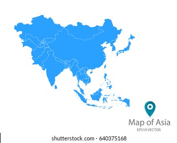 High detailed - blue map of Asia on white background. Vector illustration eps 10.