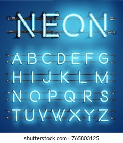 High detailed blue neon character set for advertising, vector illustration