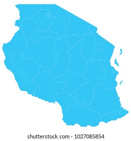 High detailed blue vector map – Departments of Tanzania map