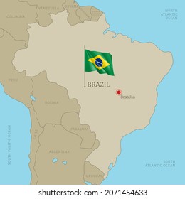 High detailed Brazil map with flag and labelings. Editable gray Brazilian political map with region borders, neighboring countries and national waving flag vector illustration