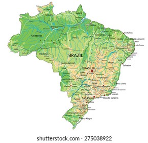 High detailed Brazil physical map with labeling.