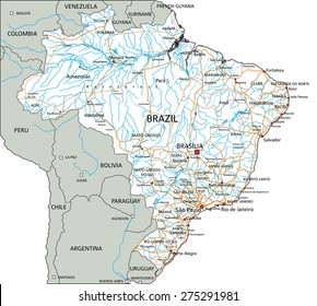 High detailed Brazil road map with labeling.