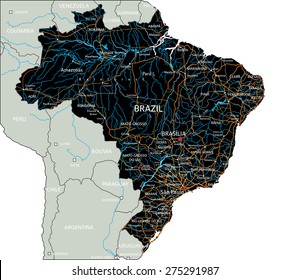 High detailed Brazil road map with labeling.