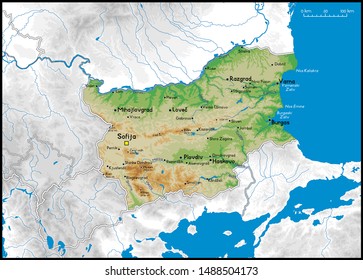 High detailed Bulgaria physical map with cities, rivers, lakes and topography - Vector illustration