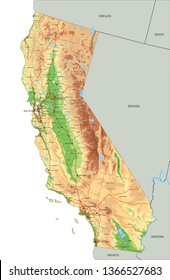 High detailed California physical map with labeling.