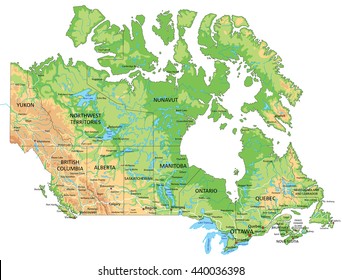 High detailed Canada physical map with labeling.