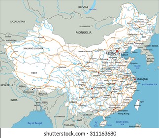 High detailed China road map with labeling.