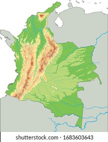 High detailed Colombia physical map.