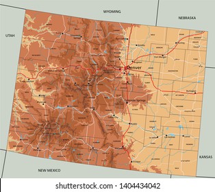 High detailed Colorado physical map with labeling.