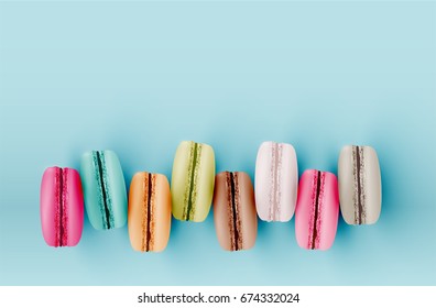 High detailed colourful macarons on blue background, vector illustration