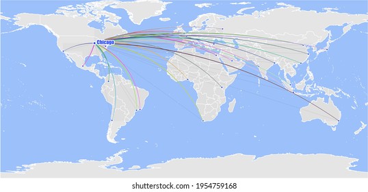 High detailed concept vector map for Chicago, United States of America's connections with other major cities around the world. The map shows Chicago, United States of America's location in the world w