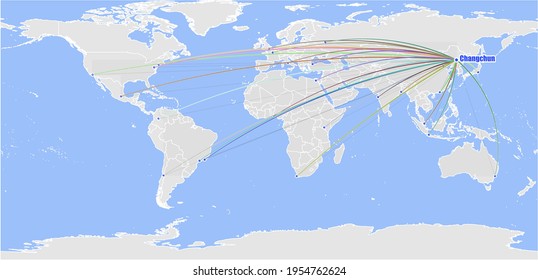 High detailed concept vector map for Changchun, China's connections with other major cities around the world. The map shows Changchun, China's location in the world with colorful links with other citi