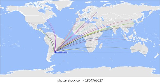 High detailed concept vector map for Buenos Aires, Argentina's connections with other major cities around the world. The map shows Buenos Aires, Argentina's location in the world with colorful links w