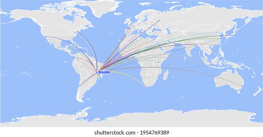 High detailed concept vector map for Brasília, Brazil's connections with other major cities around the world. The map shows Brasília, Brazil's location in the world with colorful links with other citi