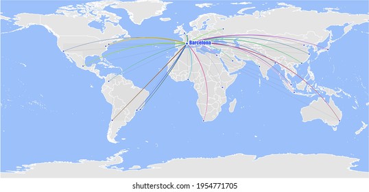 High detailed concept vector map for Barcelona, Spain's connections with other major cities around the world. The map shows Barcelona, Spain's location in the world with colorful links with other citi