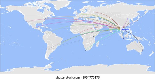 High detailed concept vector map for Bangkok, Thailand's connections with other major cities around the world. The map shows Bangkok, Thailand's location in the world with colorful links with other ci