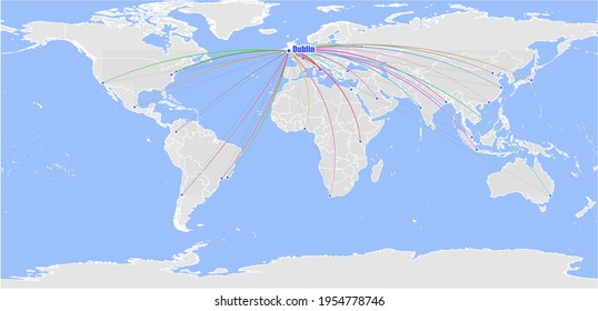 High detailed concept vector map for Dublin, Ireland's connections with other major cities around the world. The map shows Dublin, Ireland's location in the world with colorful links with other cities