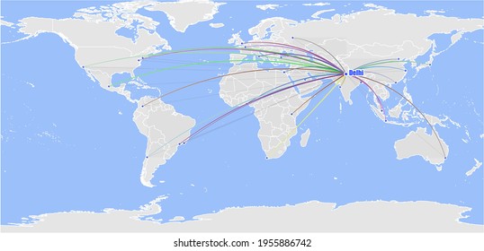 High detailed concept vector map for Delhi, India's connections with other major cities around the world. The map shows Delhi, India's location in the world with colorful links with other cities.