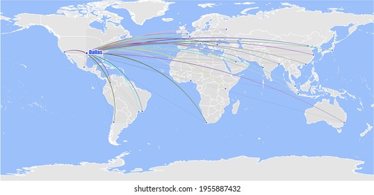 High detailed concept vector map for Dallas, United States of America's connections with other major cities around the world. The map shows Dallas, United States of America's location in the world wit