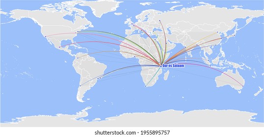 High detailed concept vector map for Dar es Salaam, Tanzania's connections with other major cities around the world. The map shows Dar es Salaam, Tanzania's location in the world with colorful links w