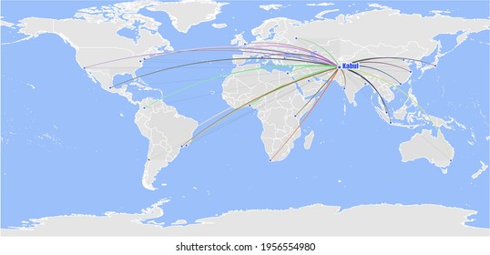 High detailed concept vector map for Kabul, Afghanistan's connections with other major cities around the world. The map shows Kabul, Afghanistan's location in the world with colorful links to other ci